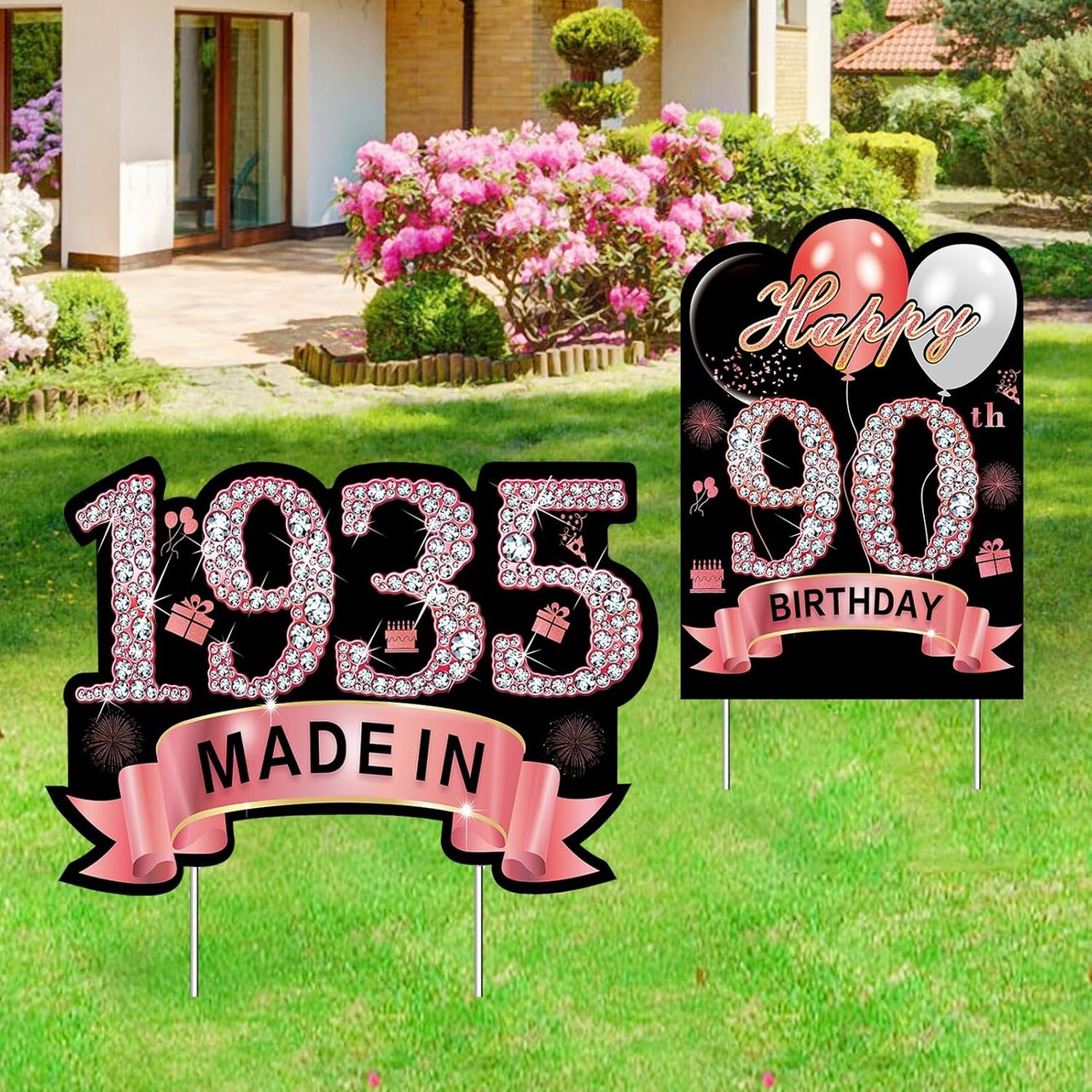 2Pcs Rose Gold 90th Birthday Yard Sign Decoration for Women, Happy 90th Birthday Made in 1935 Lawn Sign Party Supplies, Ninety Year Old Yard Decor Stakes